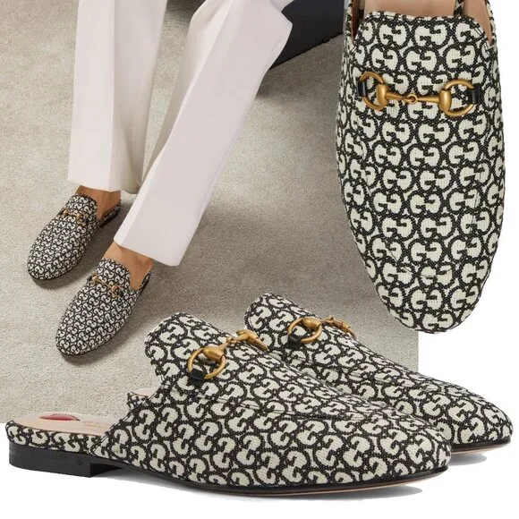 GUCCI SHOES PRINCETOWN HORSEBIT GG JACQUARD SLIPPERS LOAFER MULE sz 39 9 - Picture 1 of 16